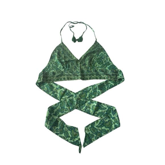 Follow Your Soul vintage silk Green Floral Boho tie Halter Crop top #5032 - Picture 1 of 10